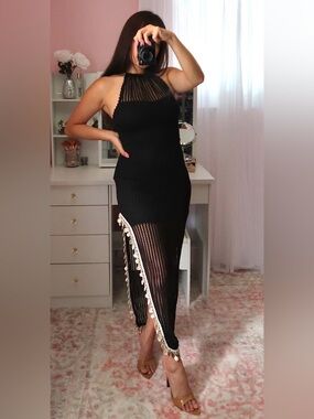 Black Halter Knit Maxi Dress with Side Tassel Trim